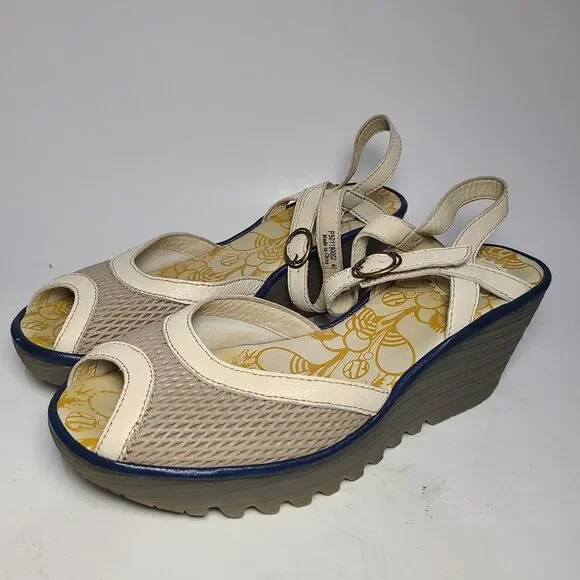 Fly London Cream and Tan Wedges - Picture 5 of 7